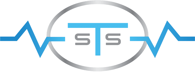 Logo with the letters "sts" centered inside a circle, flanked by blue pulse or waveform lines.