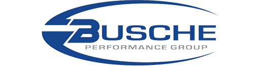 Logo of busche performance group featuring stylized text within an oval frame, accented by horizontal stripes and a directional arrow.