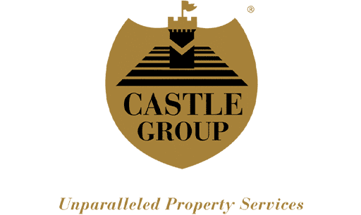Logo of castle group featuring a stylized black castle icon above the words "castle group" on a beige background.