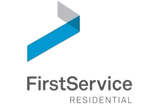 Logo of firstservice residential featuring a stylized blue arrow above the company name with a gray vertical line pattern in the background.