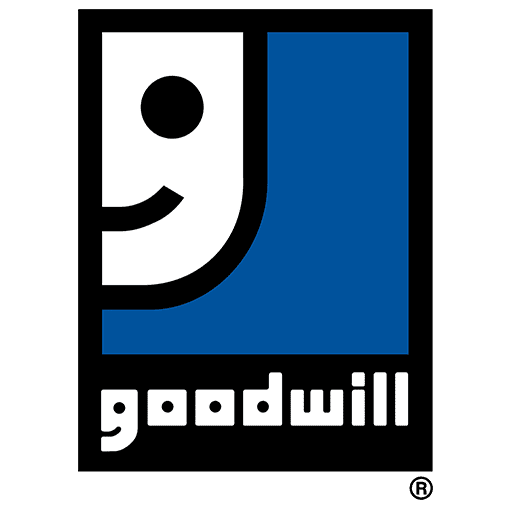 Logo of goodwill industries, featuring a stylized lowercase 'g' that resembles a smiling face, next to a blue square.