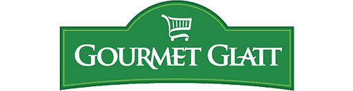 Logo of gourmet glatt featuring stylized text and a shopping cart icon, all in green and set against a light green background with a decorative border.