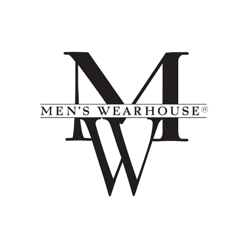 Logo of men's wearhouse featuring a large "mw" superimposed on a pattern of gray vertical stripes.