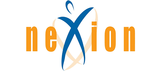 Logo of nexion featuring stylized blue and orange text with an abstract blue figure resembling a dancing person incorporated into the letter 'x'.