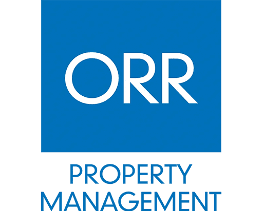 Logo of orr featuring white letters on a blue background, with a subtle outline of buildings at the bottom.