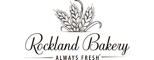 Logo of rockland bakery featuring stylized text and an illustration of a wheat bundle, with the tagline "always fresh" underneath.