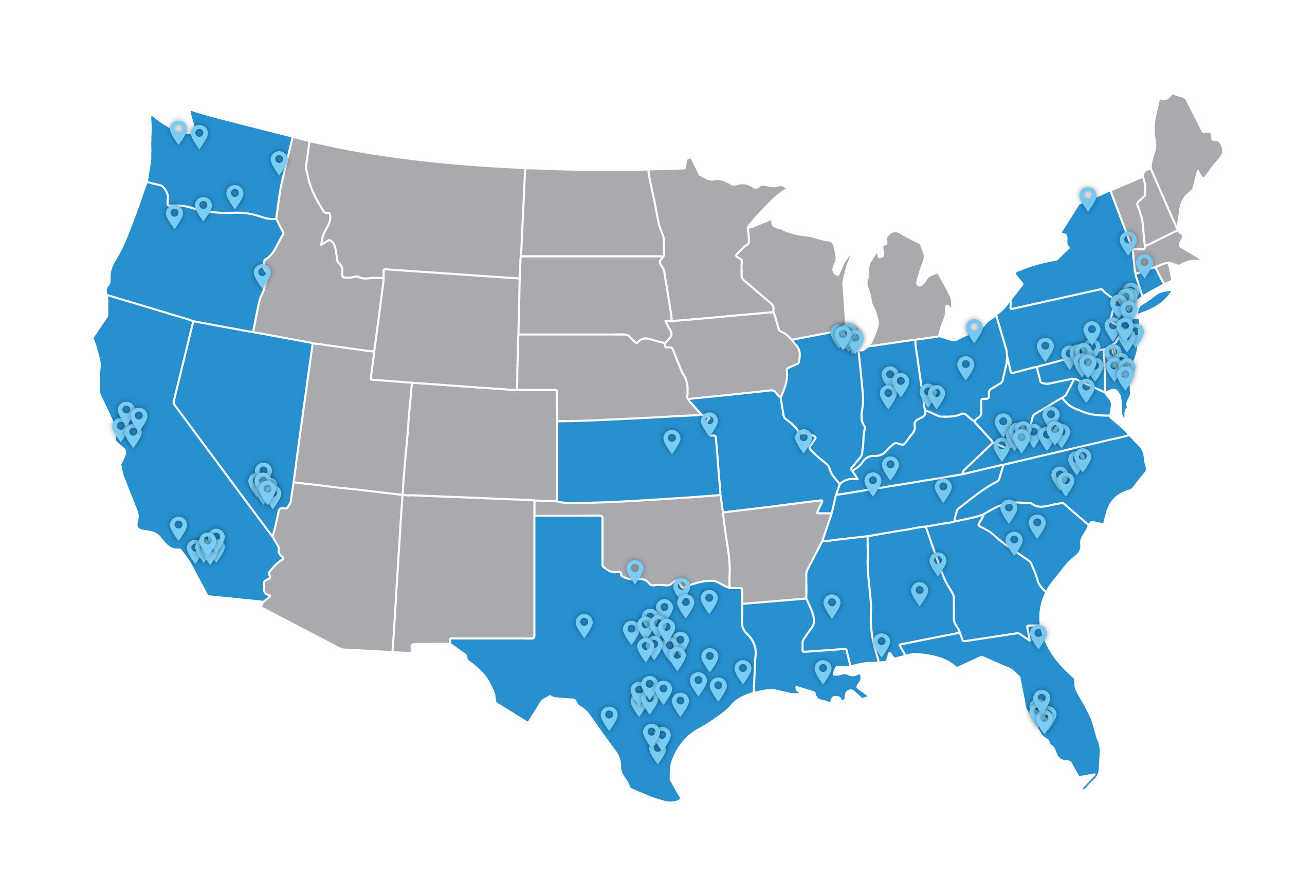 map-graphic-05 A map of the United States with southern and eastern states shaded blue and marked with location pins; other states are gray and unmarked.